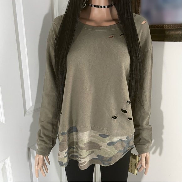 (NWT) Vintage Havana Hunter Green + Camo Frayed Sweater - Picture 1 of 7
